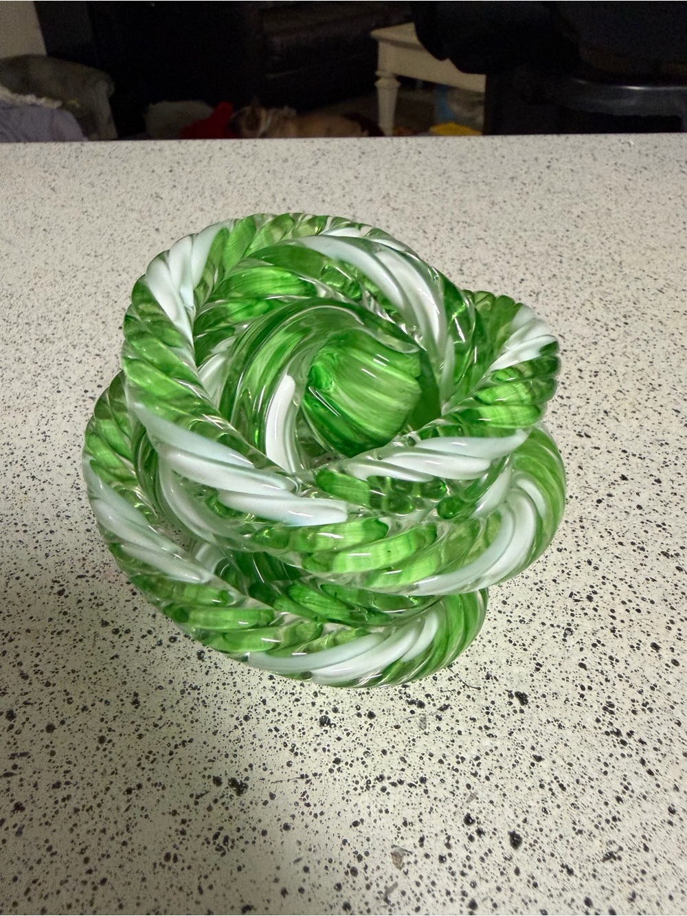 Vtg GREEN & WHITE TWISTED Murano Art Glass INFINITY ORBIT KNOT Sculpture Ball